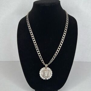 Antique 1900s Virgin Mary Sterling Silver Pendant Necklace with Crystal Lot A35